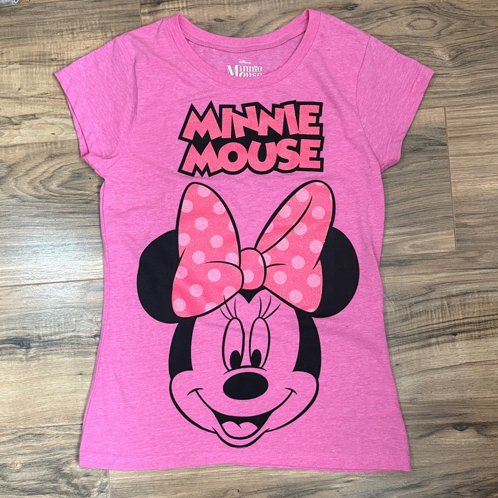 Disney Minnie Mouse Pink Girls Short Sleeve Shirt Sparkly Bow Size XL 14/16